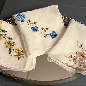 3 Vintage 1950s Floral Embroidered Woman’s Handkerchiefs